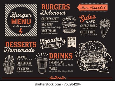 Burger Food Menu For Restaurant And Cafe. Design Template With Hand-drawn Graphic Illustrations.