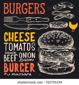 Burger food menu for restaurant and cafe. Design template with hand-drawn graphic illustrations.