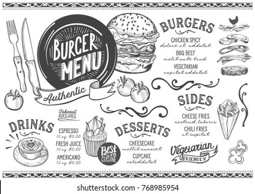 Burger Food Menu For Restaurant And Cafe. Design Template With Hand-drawn Graphic Illustrations.