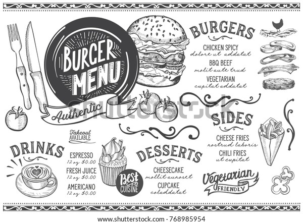 Burger food menu for restaurant and café. Design template with hand-drawn graphic illustrations.