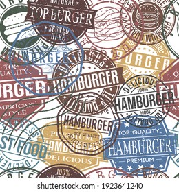 Burger Food Stamps Pattern. Hamburger Badge Seamless Background Symbols. Restaurant Seal Vector Illustration.