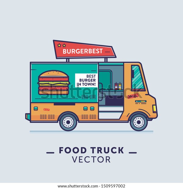 Burger food truck vector illustration  with clean\
outline and flat design\
style.