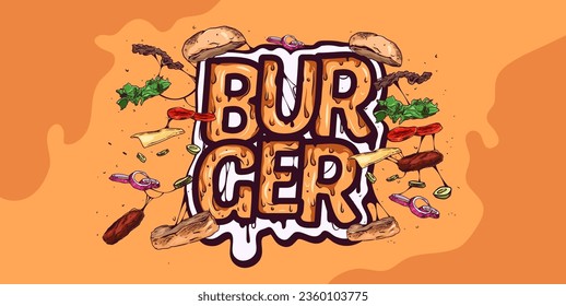 burger food, with a typographic style nuanced by melted, sticky cheese accompanied by floating burgers. delicious food concept design, floating burger