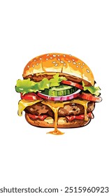 "Burger Food Vector" refers to digital illustrations of burgers created in vector format. These graphics are perfect for designers and marketers looking to add appetizing visuals to their projects.