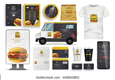 Burger Form, Delivery Vehicle, Online Mobile App, Cardboard Cup, T-shirt, Pockets, Sending Envelopes, Cards, Banners and Set. Flat Consumables Kit for Cafe, Restaurant, Cafeteria. Vector Illustration