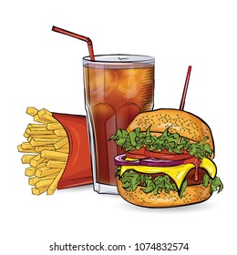 Burger, free and drink in sketch style on the white background. Vector illustration.
