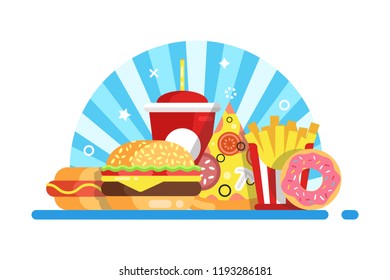 Burger, french fried, pizza, donut and cola. Fast food set composition. Flat style Vector illustration.
