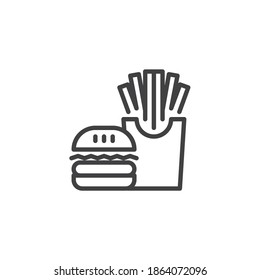 Burger and french fries box line icon. linear style sign for mobile concept and web design. Hamburger, fast food menu outline vector icon. Symbol, logo illustration. Vector graphics