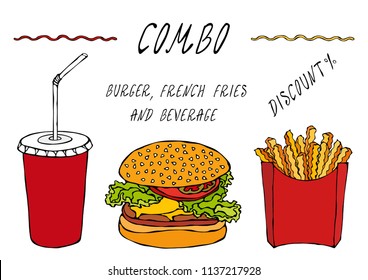 Burger, French Fries in a Box and Paper Cup of Cola Combo Discount. Advertisement Street Fast Food Menu. Hand Drawn High Quality Clean Vector Realistic Illustration. Doodle Style.