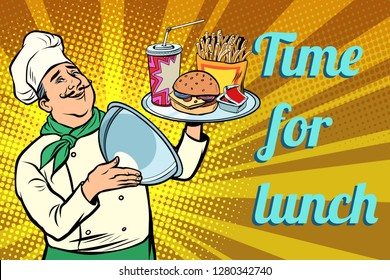 Burger French fries Cola fast food. time for lunch. chef with tray with lid. Comic cartoon pop art retro vector illustration drawing