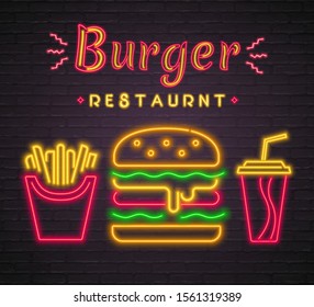 Burger, French Fries and Drink Neon Light Glowing Vector Illustration with Dark Background. Fast Food Items Bright Glowing