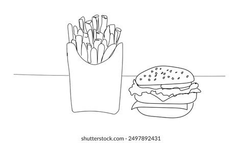 Burger and french fries fast food in continuous line art drawing style. Fast food minimalist concept isolated on white background. Delicious Junk Food snack meal 