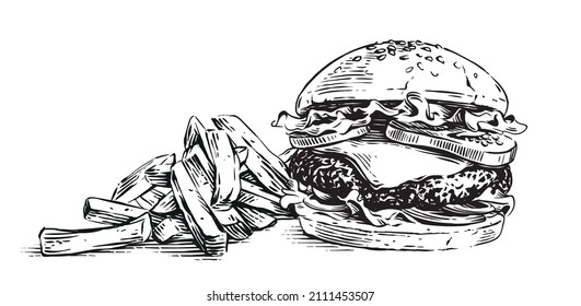burger and french fries hand drawing sketch engraving illustration style