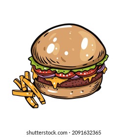 Burger with french fries. Hand drawn colorful vintage vector illustration isolated on white background.