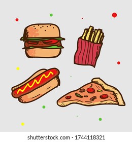 Burger, french fries, Hotdog, and pizza slice vector illustration. Flat cartoon style