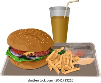 Burger and French Fries with Juice Vector