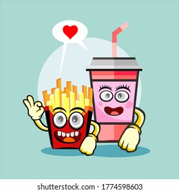 burger and french fries with kawaii character, symbol and illustration