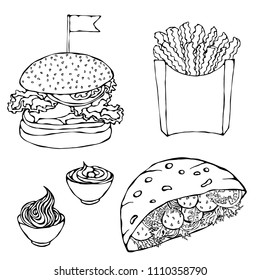 Burger, French Fries, Ketchup, Falafel Pita or Meatball Salad in Pocket Bread and Mayonnaise Sauce. Fast Food Set. Street Food. Realistic Hand Drawn Illustration. Savoyar Doodle Style.