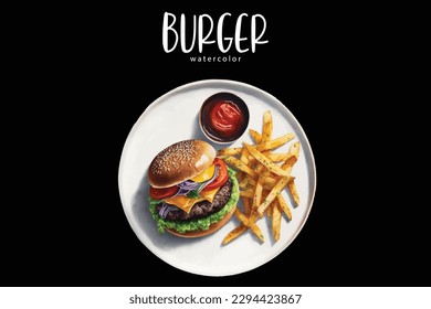 Hamburger mit Pommes frites auf einem Teller, einzeln auf schwarzem Hintergrund, Hamburger-AqufarbiIllustration