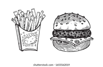 Burger and French Fries, set of vector images. Vector graphics for labels, menus, packaging design, advertising, interior designs and food service signage