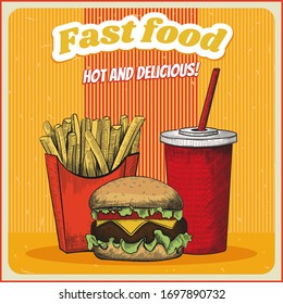 Burger, french fries, and soda cup in engraving style. Fast food vintage poster. Vector isolated illustration