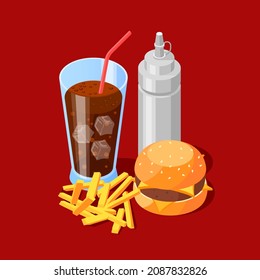 Burger with french fries and soda icon illustration. fast food icon concept isolated.