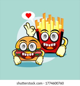 burger and french fries with soda kawaii character, symbol and illustration