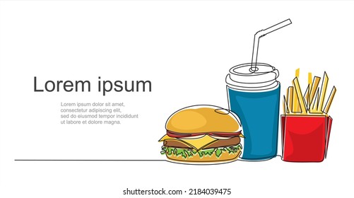 Burger, french fries and soda takeout food in continuous line art drawing style. Fast-food minimalist black linear sketch. Illustration with quote template.