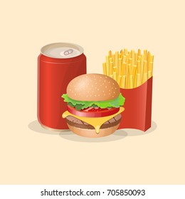 Burger, french fries and soda in a tin can - cute cartoon colored picture. Graphic design elements for menu, poster, brochure. Vector illustration of fast food for bistro, snackbar, cafe or restaurant