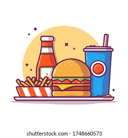 Burger With French Fries And Soda Vector Icon Illustration. Fast Food Icon Concept Isolated Premium Vector. Flat Cartoon Style 