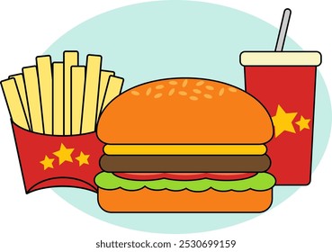 Hamburguesa, patatas fritas y elemento de Ilustración vectorial de soda. Comida rápida 