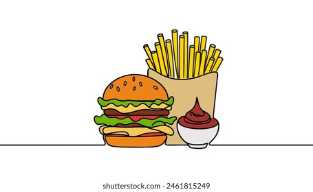 Burger and french fries takeout food in continuous line art drawing style. Fast food isolated on white background.