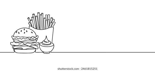 Burger and french fries takeout food in continuous line art drawing style. Fast food isolated on white background.