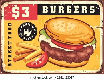 Burger with french fries and tomato slice, promo menu sign for street food stand. Vintage hamburger poster or advertisement. Vector image.