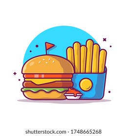Burger With French Fries Vector Icon Illustration. Fast Food Icon Concept Isolated Premium Vector. Flat Cartoon Style 
