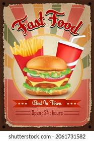 Burger, french fries vintage restaurant sign. Fast food vintage poster. Retro design with big hamburger on old metal background red and turquoise colors. Wall decoration printing media. Vector EPS10.