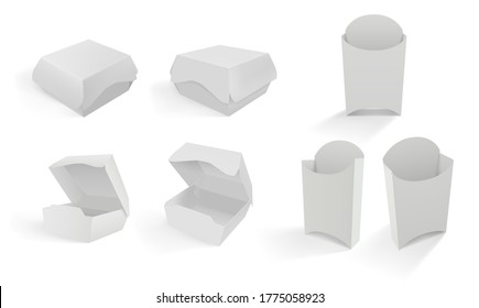 Caja blanca de hamburguesas y patatas fritas aislada en un estilo 3d realista. Ilustración del vector del paquete de maqueta. Cajas de cartón blanco para comida rápida