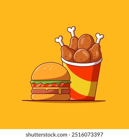 Burger with Fried chicken bucket cartoon illustration. Pile of chicken drumstick in bucket with burger vector illustration. Food vector cartoon