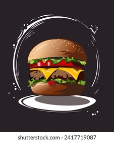 Hamburguesa con chuleta frita, tomate, queso y ensalada fresca sobre fondo negro