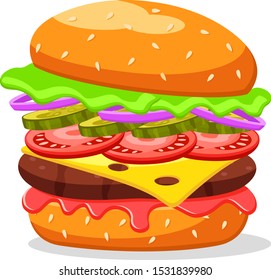 Burger with fried cutlet vegetables and cabbage leaves close-up on a white. Isolated.