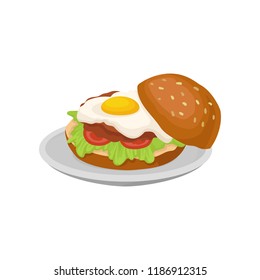Burger with fried egg, fresh nutritious breakfast food, design element for menu, cafe, restaurant vector Illustration on a white background
