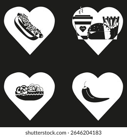 Burger fries coffee. Fast food icon. Black heart background. Vector illustration.