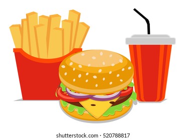 Burger Fries Cola set of fast food vector illustration, isolated on white background. template element for restaurant menu. office rush life style.