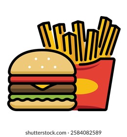 burger and fries colour fill vector line icon with editable stroke 