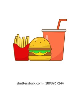 Burger, Pommes frites und Tasse Soda, Vektorgrafik einzeln auf weißem Hintergrund. Linearer Farbstil für Fastfood-Ikone
