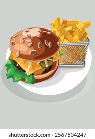 Burger and fries in a cup, vector bright, burger with cutlet, cheese and herbs, fresh delicious food, fast food.