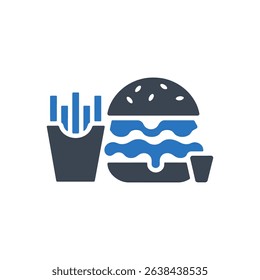 A burger with fries and a dip icon.