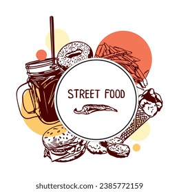 Burger, fries, donut, ice cream, juice, nuggets. Vector illustration of a sign for a street food festival. Menu of cafes, restaurants, bars.