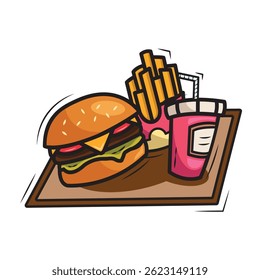 Burger fries drink combo. Vector illustration