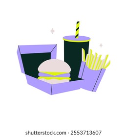 Burger Fries And Drink In Flat Vector Illustration Symbolizing Fast Food Combos, Quick Dining, And Meal Deals, Isolated On White Background.